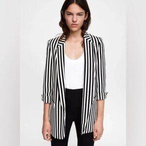 New ZARA Monochrome Striped Long Line Women's Blazer Sz XL